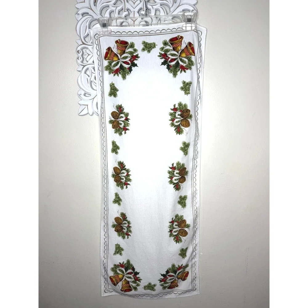 Christmas Table Runner Bells Pinecones Evergreen Holly Cotton Blend 37